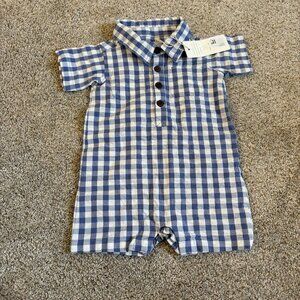 Baby boy Gingham Dress Shirt Romper NEW blue white checkered 0-3m KENDI boutique
